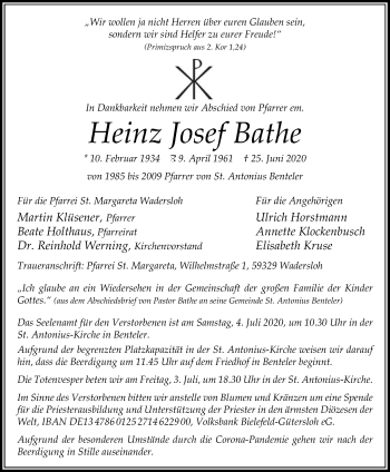 Traueranzeige von Heinz Josef Bathe von Die Glocke