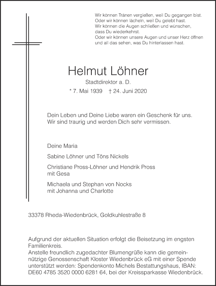  Traueranzeige für Helmut Löhner vom 30.06.2020 aus Die Glocke