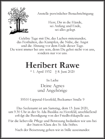 Traueranzeige von Heribert Rawe von Die Glocke