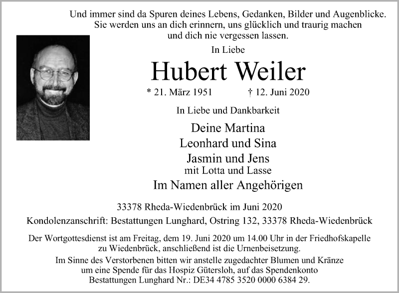  Traueranzeige für Hubert Weiler vom 16.06.2020 aus Die Glocke