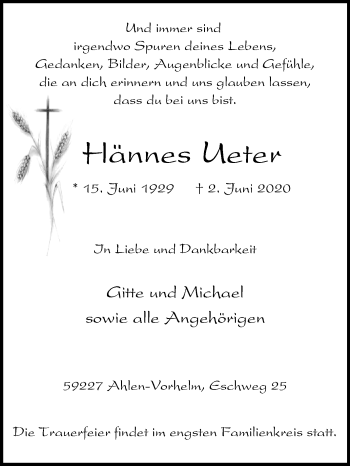 Traueranzeige von Hännes Ueter von Die Glocke