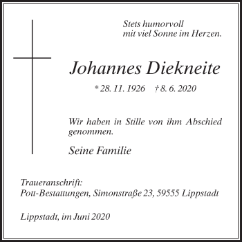 Traueranzeige von Johannes Diekneite von Die Glocke