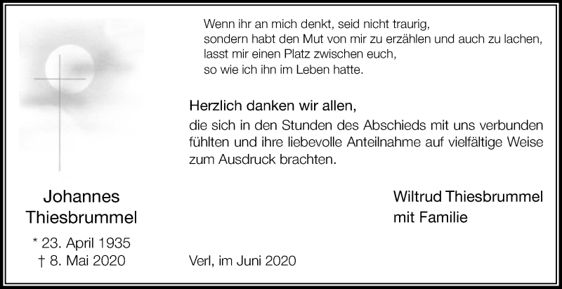  Traueranzeige für Johannes Thiesbrummel vom 20.06.2020 aus Die Glocke
