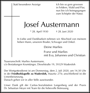 Traueranzeige von Josef Austermann von Die Glocke