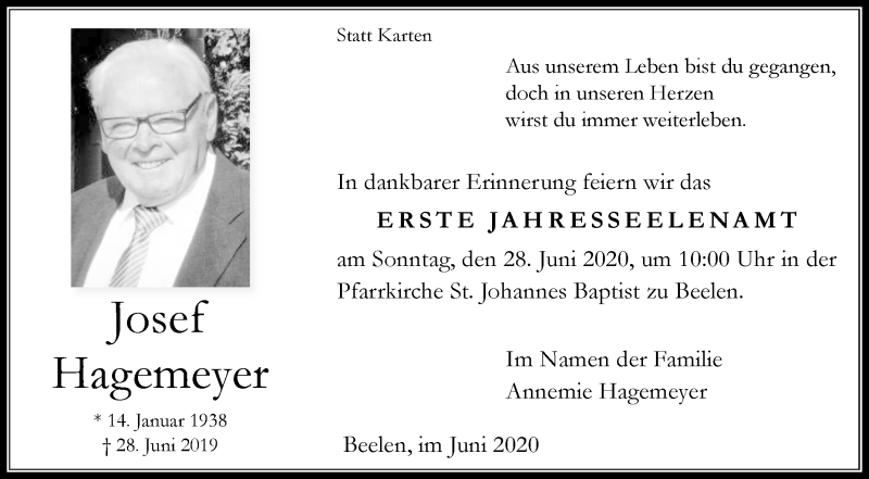 Traueranzeige für Josef Hagemeyer vom 20.06.2020 aus Die Glocke
