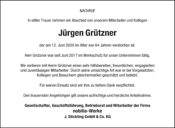 Traueranzeige von Jürgen Grützner von Die Glocke