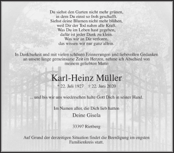 Traueranzeige von Karl-Heinz Müller von Die Glocke