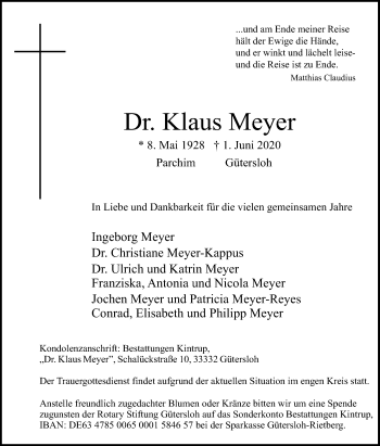 Traueranzeige von Klaus Meyer von Die Glocke