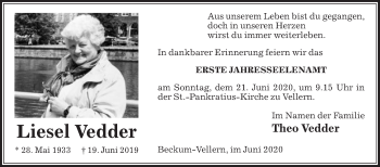 Traueranzeige von Liesel Vedder von Die Glocke