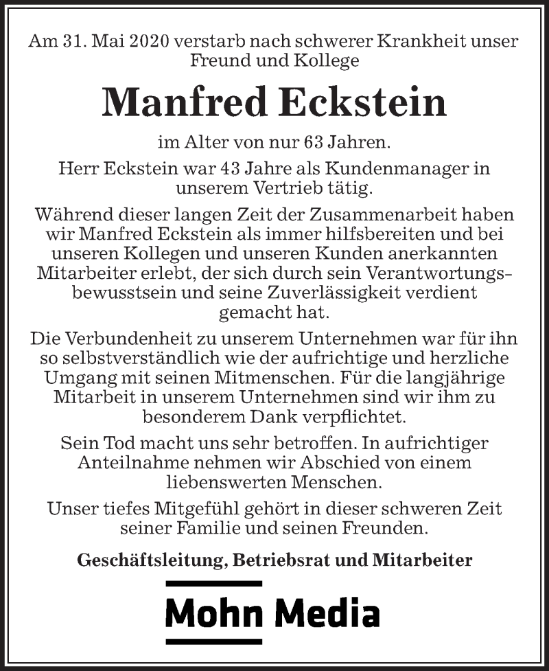  Traueranzeige für Manfred Eckstein vom 05.06.2020 aus Die Glocke