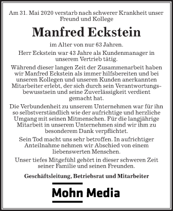 Traueranzeige von Manfred Eckstein von Die Glocke