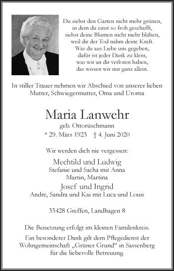 Traueranzeige von Maria Lanwehr von Die Glocke