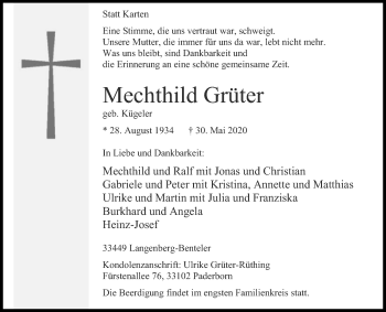 Traueranzeige von Mechthild Grüter von Die Glocke