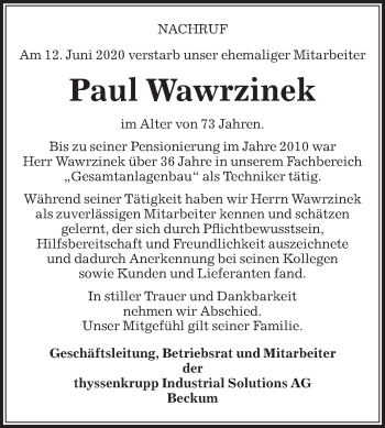 Traueranzeige von Paul Wawrzinek von Die Glocke