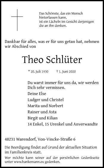 Traueranzeige von Theo Schlüter von Die Glocke