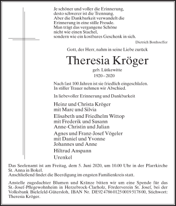 Traueranzeige von Theresia Kröger von Die Glocke