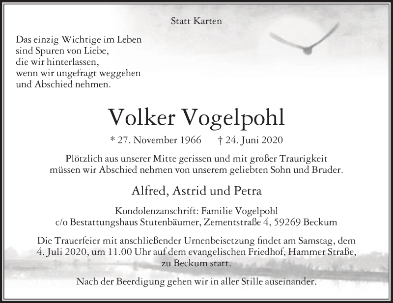  Traueranzeige für Volker Vogelpohl vom 27.06.2020 aus Die Glocke