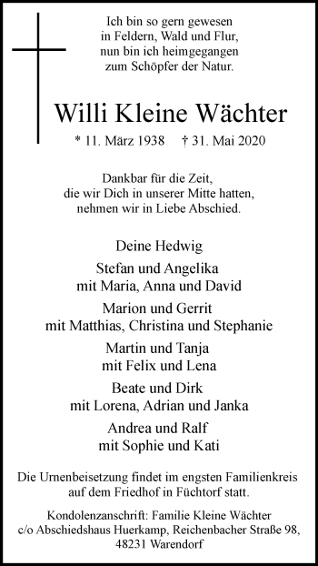 Traueranzeige von Willi Kleine Wächter von Die Glocke