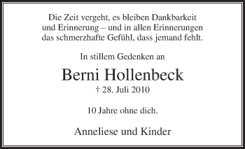 Traueranzeige von Berni Hollenbeck von Die Glocke