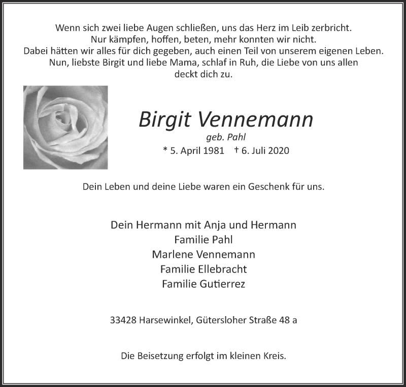  Traueranzeige für Birgit Vennemann vom 11.07.2020 aus Die Glocke