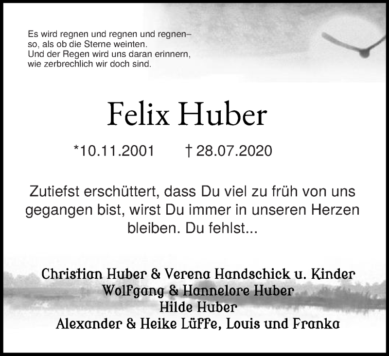  Traueranzeige für Felix Huber vom 31.07.2020 aus Die Glocke