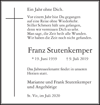 Traueranzeige von Franz Stutenkemper von Die Glocke