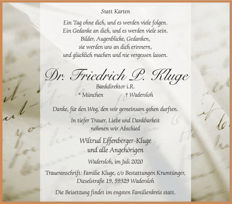  Traueranzeige für Friedrich P. Kluge vom 18.07.2020 aus Die Glocke