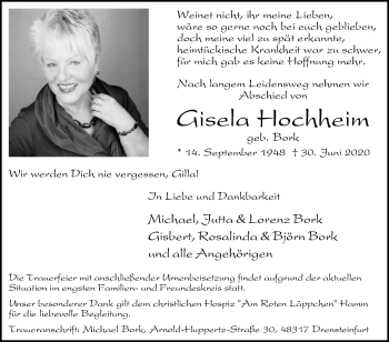 Traueranzeige von Gisela Hochheim von Die Glocke