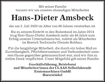 Traueranzeige von Hans-Dieter Amsbeck von Die Glocke