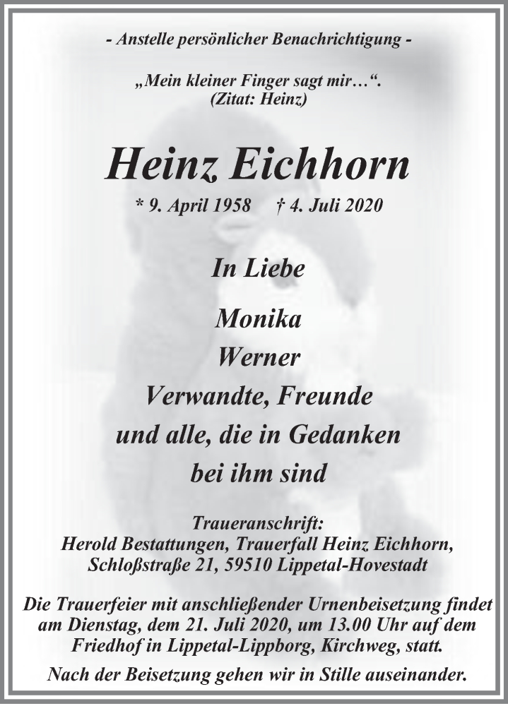  Traueranzeige für Heinz Eichhorn vom 15.07.2020 aus Die Glocke