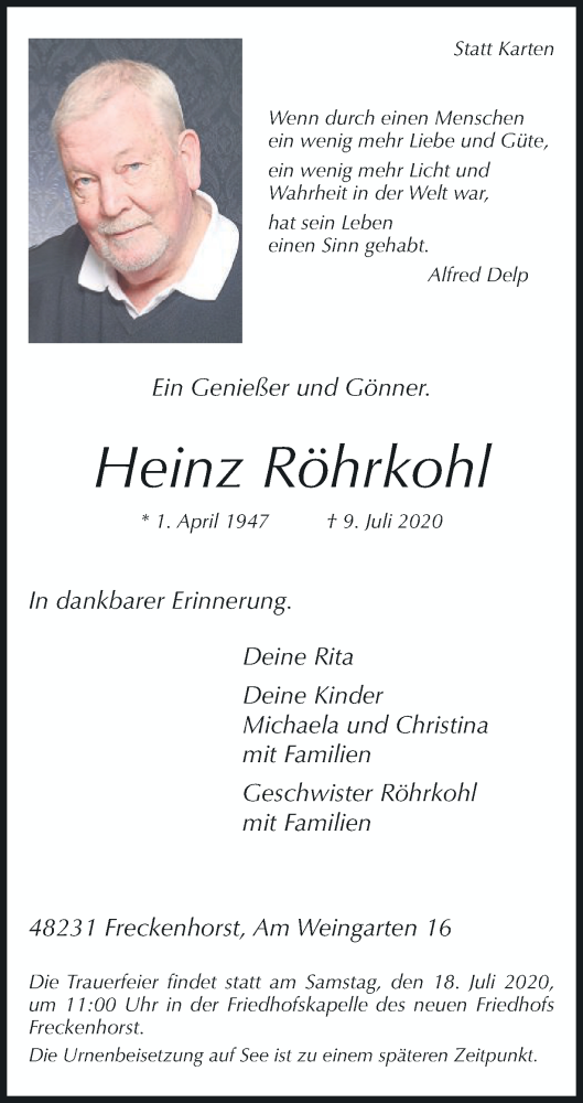  Traueranzeige für Heinz Röhrkohl vom 15.07.2020 aus Die Glocke