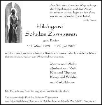 Traueranzeige von Hildegard Schulze Zurmussen von Die Glocke