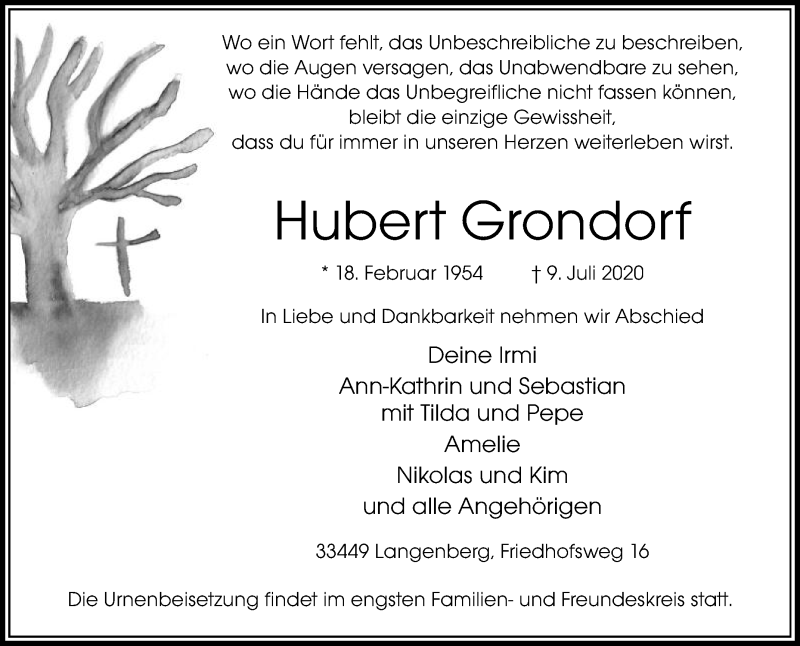  Traueranzeige für Hubert Grondorf vom 11.07.2020 aus Die Glocke
