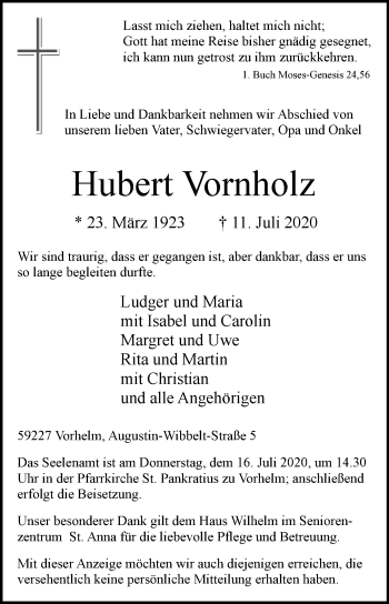 Traueranzeige von Hubert Vornholz von Die Glocke