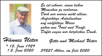 Traueranzeige von Hännes Ueter von Die Glocke