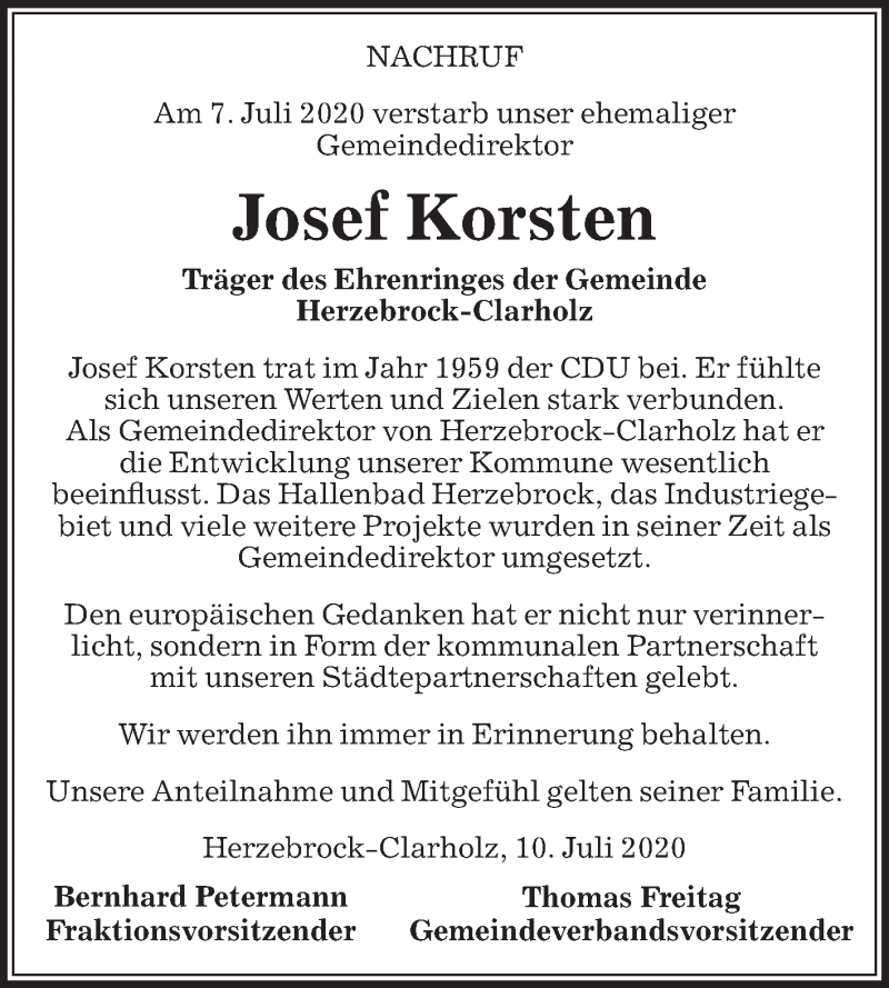  Traueranzeige für Josef Korsten vom 11.07.2020 aus Die Glocke