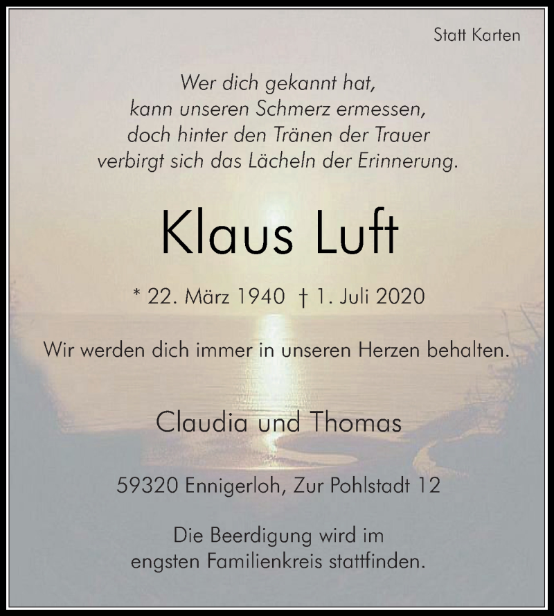  Traueranzeige für Klaus Luft vom 04.07.2020 aus Die Glocke