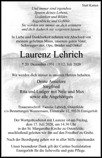 Traueranzeige von Laurenz Lehrich von Die Glocke