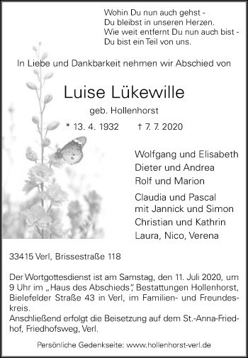 Traueranzeige von Luise Lükewille von Die Glocke