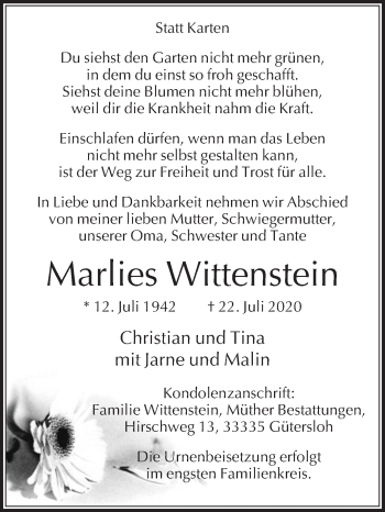 Traueranzeige von Marlies Wittenstein von Die Glocke