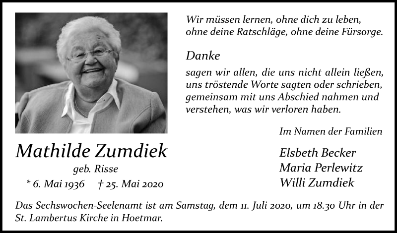  Traueranzeige für Mathilde Zumdiek vom 04.07.2020 aus Die Glocke