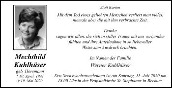Traueranzeige von Mechthild Kuhlhüser von Die Glocke