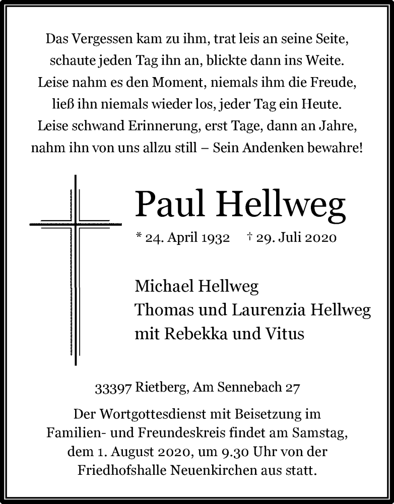  Traueranzeige für Paul Hellweg vom 30.07.2020 aus Die Glocke