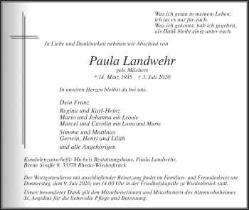 Traueranzeige von Paula Landwehr von Die Glocke