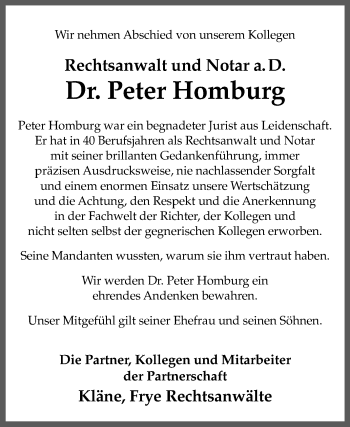 Traueranzeige von Peter Homburg von Die Glocke