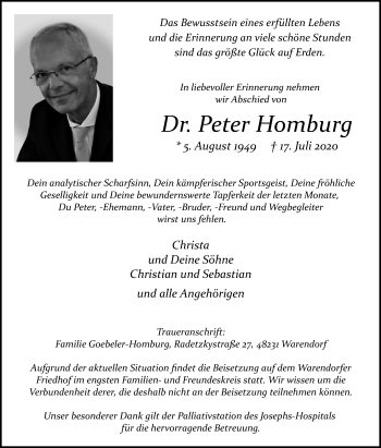 Traueranzeige von Peter Homburg von Die Glocke