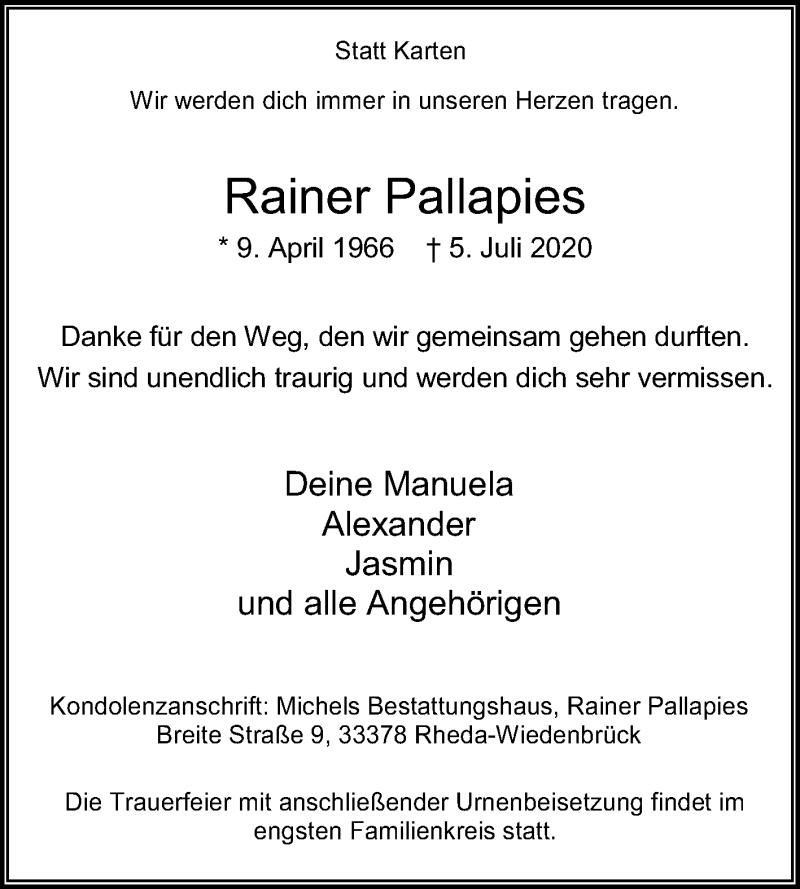  Traueranzeige für Rainer Pallapies vom 08.07.2020 aus Die Glocke