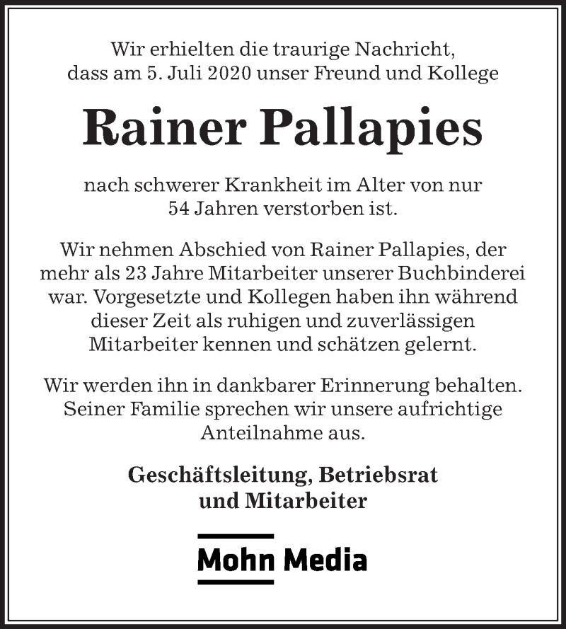  Traueranzeige für Rainer Pallapies vom 10.07.2020 aus Die Glocke