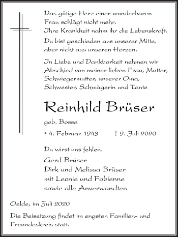Traueranzeige von Reinhild Brüser von Die Glocke