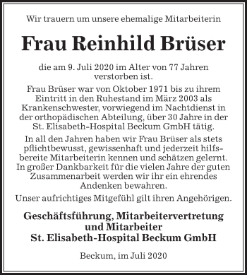 Traueranzeige von Reinhild Brüser von Die Glocke